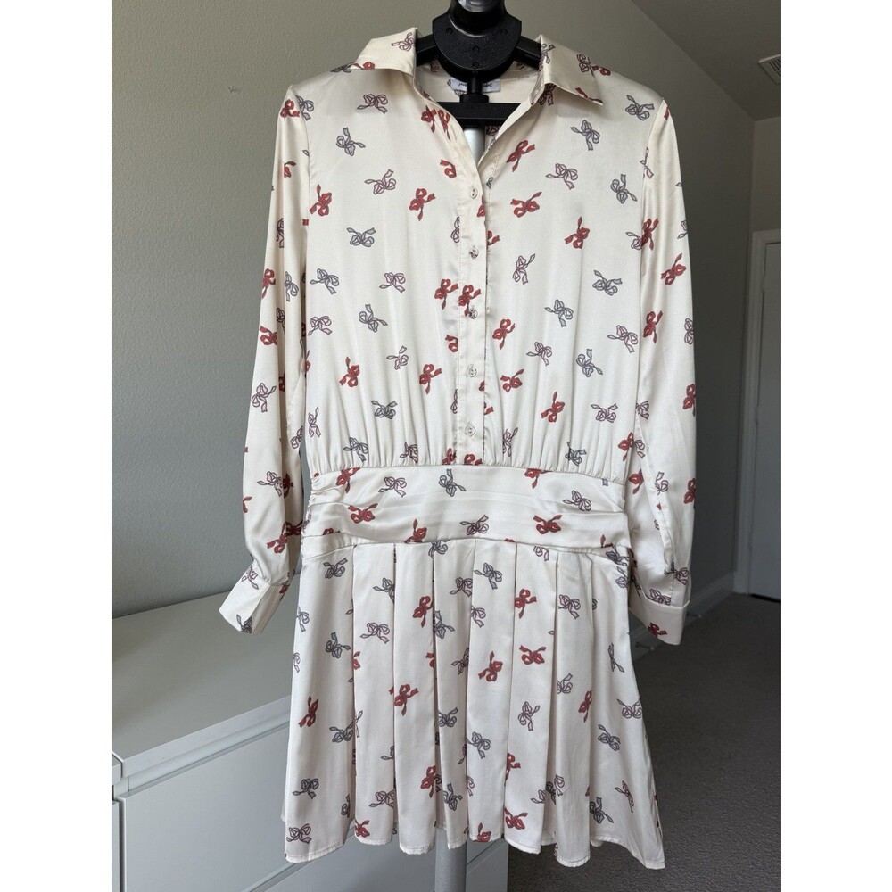 Jacquie the Label Bow Shirt Dress Pleated Preppy Cream Ribbon Anthropologie Sz L